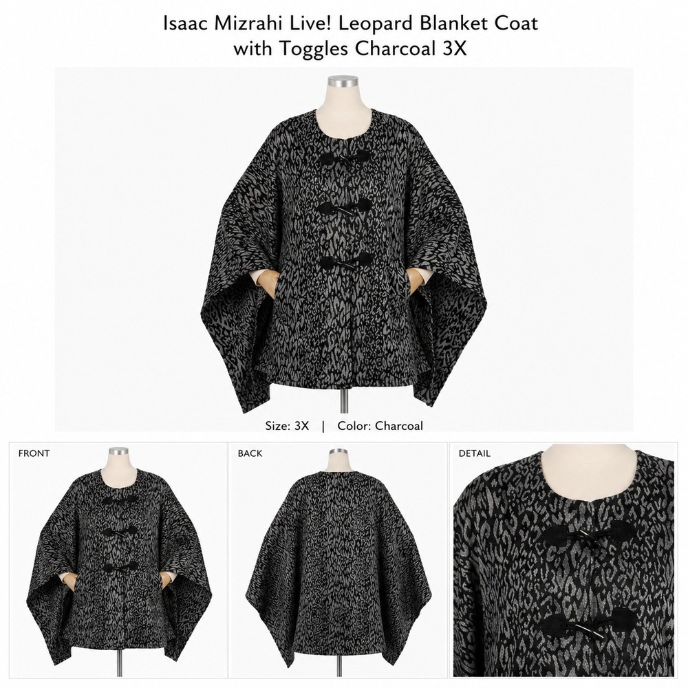 Isaac Mizrahi Live Womens 3X Charcoal Leopard Jacquard Blanket Coat Toggle‎